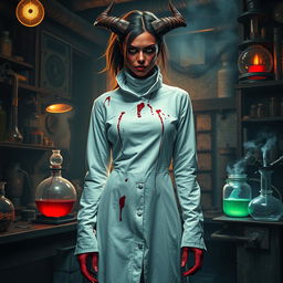 A female demonic mad scientist dressed in a long white turtleneck smock that is heavily blood-stained, contributing to her eerie and sinister appearance