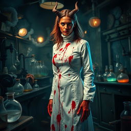 A female demonic mad scientist dressed in a long white turtleneck smock that is heavily blood-stained, contributing to her eerie and sinister appearance