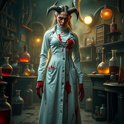 A female demonic mad scientist dressed in a long white turtleneck smock that is heavily blood-stained, contributing to her eerie and sinister appearance