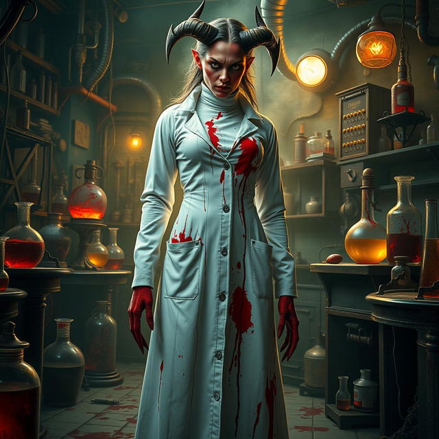 A female demonic mad scientist dressed in a long white turtleneck smock that is heavily blood-stained, contributing to her eerie and sinister appearance