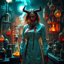 A female demonic mad scientist dressed in a long white turtleneck smock that is heavily blood-stained, contributing to her eerie and sinister appearance