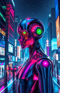 A futuristic AI-themed digital artwork showcasing a humanoid robot with sleek metallic skin, vibrant neon lights illuminating its contours