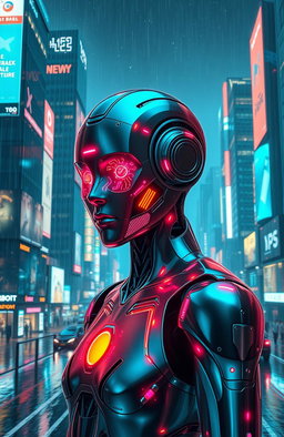 A futuristic AI-themed digital artwork showcasing a humanoid robot with sleek metallic skin, vibrant neon lights illuminating its contours