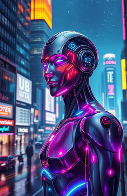 A futuristic AI-themed digital artwork showcasing a humanoid robot with sleek metallic skin, vibrant neon lights illuminating its contours