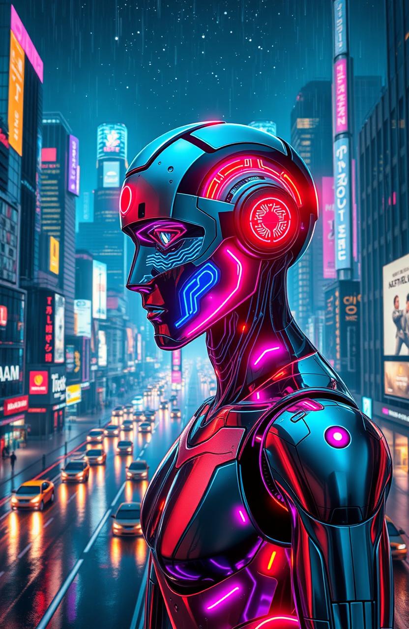 A futuristic AI-themed digital artwork showcasing a humanoid robot with sleek metallic skin, vibrant neon lights illuminating its contours