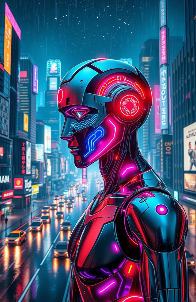 A futuristic AI-themed digital artwork showcasing a humanoid robot with sleek metallic skin, vibrant neon lights illuminating its contours