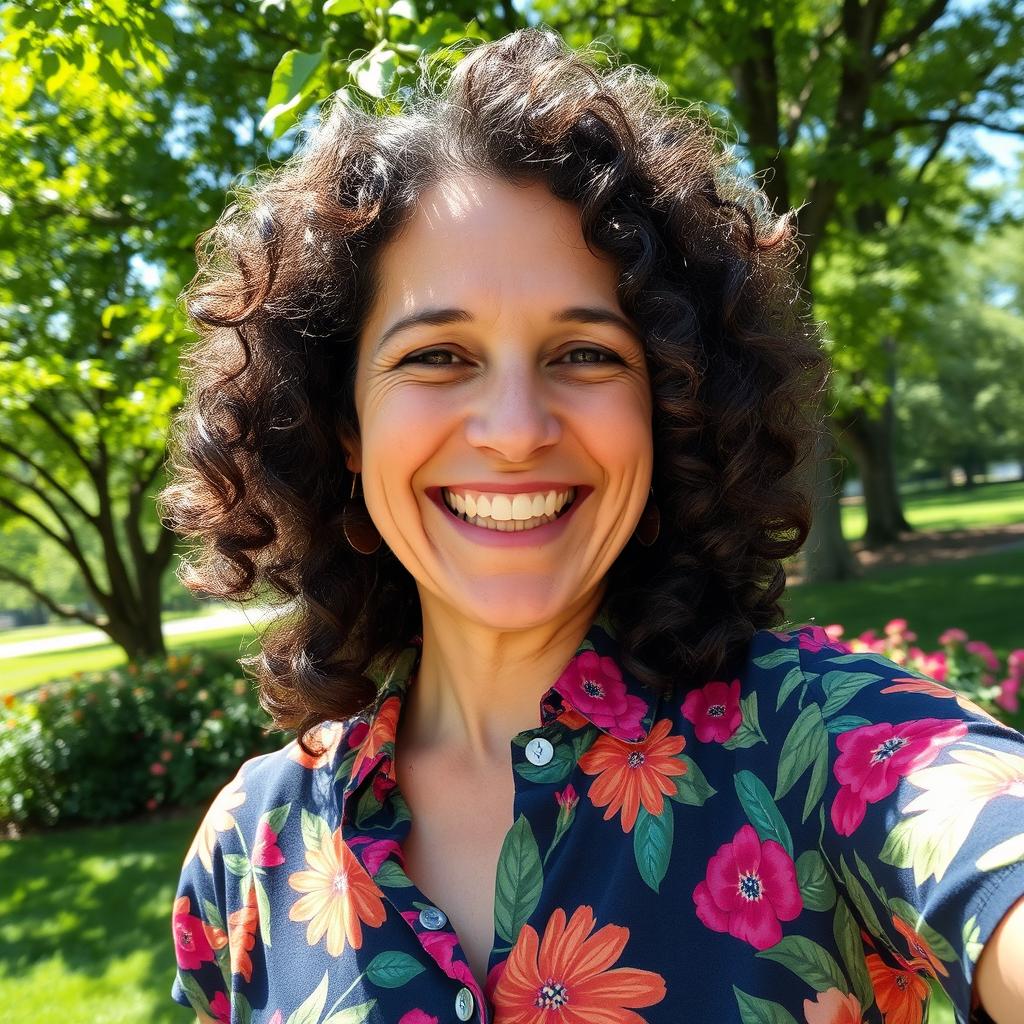 A candid selfie of a 43-year-old woman with beautiful curly hair, wearing a vibrant floral shirt, enjoying a sunny day in a lush green park