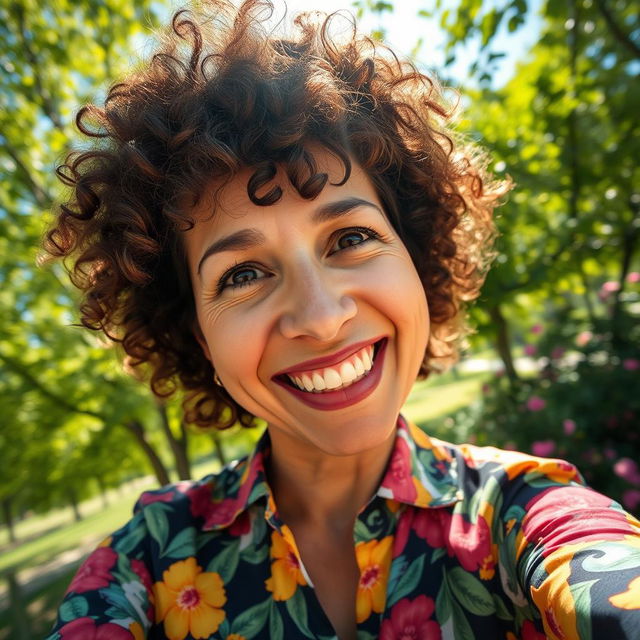 A candid selfie of a 43-year-old woman with beautiful curly hair, wearing a vibrant floral shirt, enjoying a sunny day in a lush green park