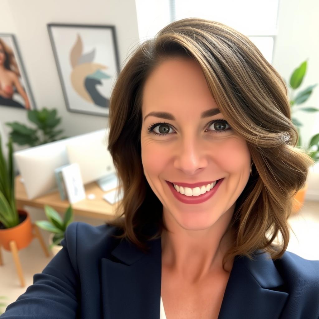 A close-up selfie of a confident 41-year-old woman with medium-length, slightly wavy brown hair, wearing a tailored professional blazer in a classic navy blue color