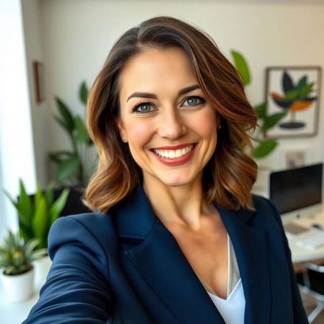 A close-up selfie of a confident 41-year-old woman with medium-length, slightly wavy brown hair, wearing a tailored professional blazer in a classic navy blue color