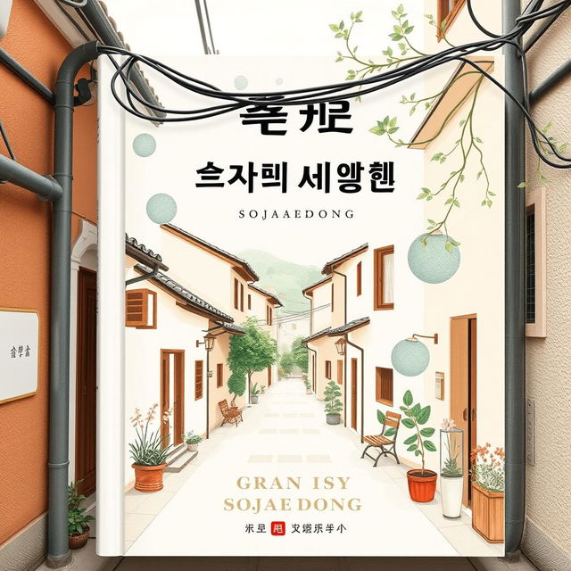 A charming book cover inspired by the neighborhood of Sojaedong, emphasizing its narrow alleys and residential houses