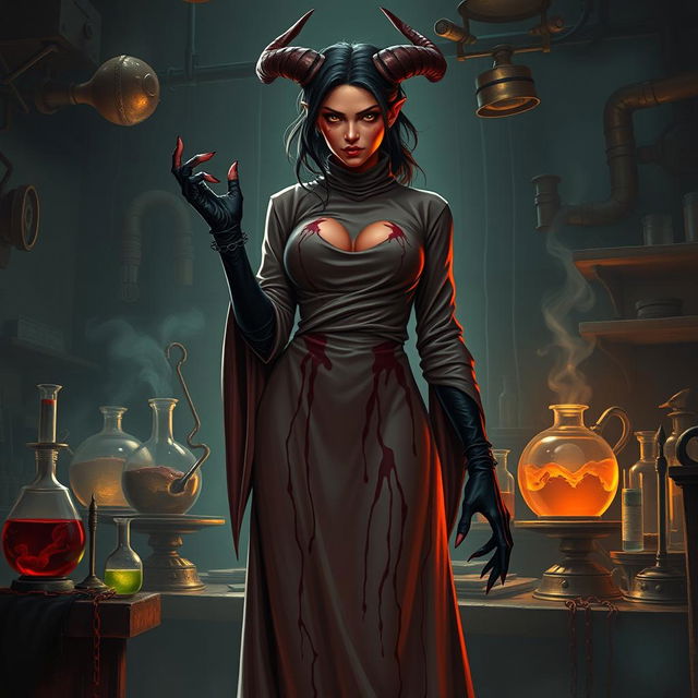 A female demonic mad scientist clad in a long, blood-stained turtleneck smock that drapes elegantly over her form, enhancing her eerie presence