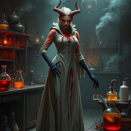 A female demonic mad scientist clad in a long, blood-stained turtleneck smock that drapes elegantly over her form, enhancing her eerie presence