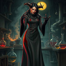 A female demonic mad scientist clad in a long, blood-stained turtleneck smock that drapes elegantly over her form, enhancing her eerie presence