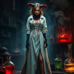 A female demonic mad scientist clad in a long, blood-stained turtleneck smock that drapes elegantly over her form, enhancing her eerie presence