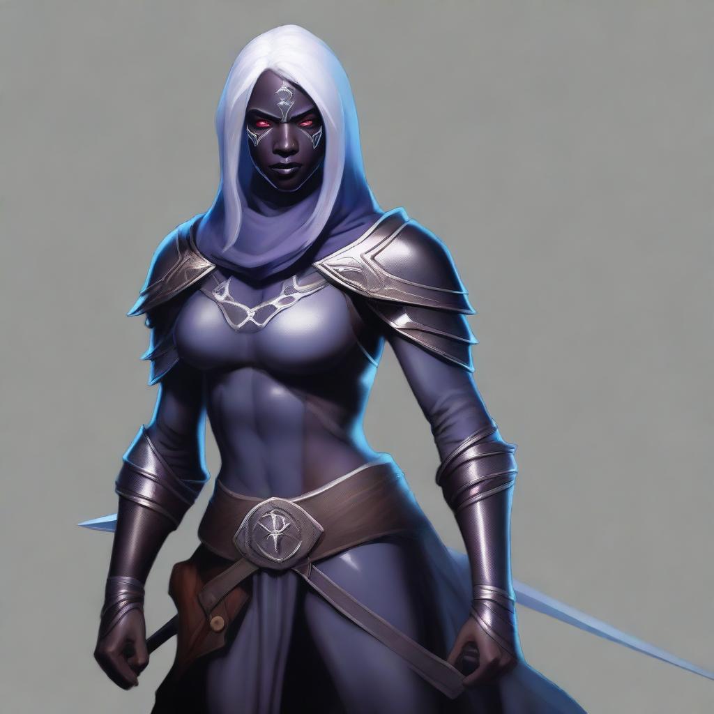 A semi-realistic digital art image of a Drow Fighter from Dungeons and Dragons 5e