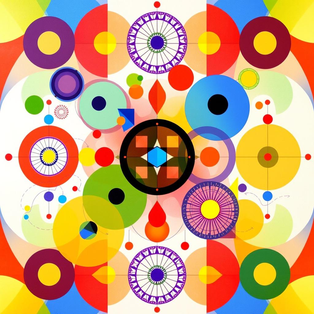 An abstract representation of geometrical shapes in vibrant colors, showcasing intricate patterns and designs