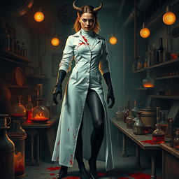 A female demonic mad scientist showcasing a long vintage white turtleneck smock that is heavily blood-stained, adding a disturbing yet stylish factor to her appearance