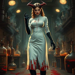A female demonic mad scientist showcasing a long vintage white turtleneck smock that is heavily blood-stained, adding a disturbing yet stylish factor to her appearance