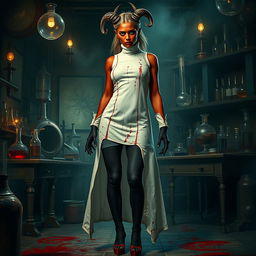 A female demonic mad scientist showcasing a long vintage white turtleneck smock that is heavily blood-stained, adding a disturbing yet stylish factor to her appearance