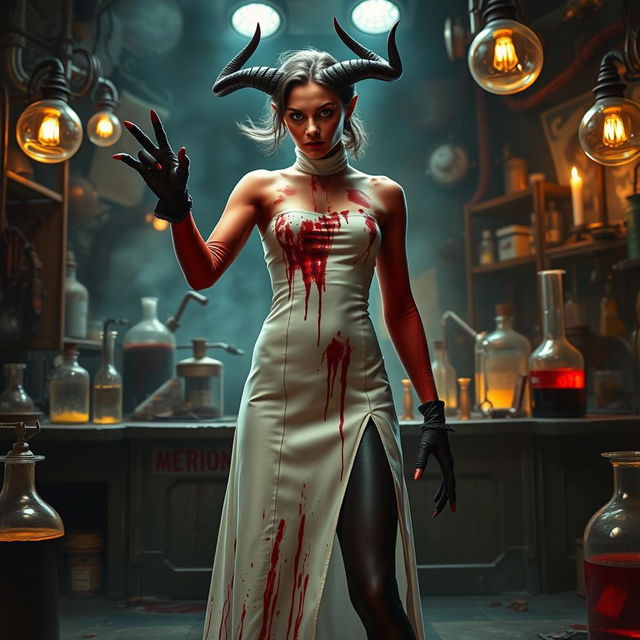 A female demonic mad scientist showcasing a long vintage white turtleneck smock that is heavily blood-stained, adding a disturbing yet stylish factor to her appearance