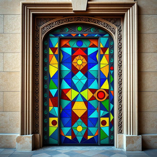 A beautifully designed door inspired by geometric themes, showcasing a stunning mosaic of triangles, squares, and circles in vibrant colors