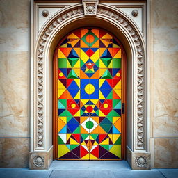 A beautifully designed door inspired by geometric themes, showcasing a stunning mosaic of triangles, squares, and circles in vibrant colors