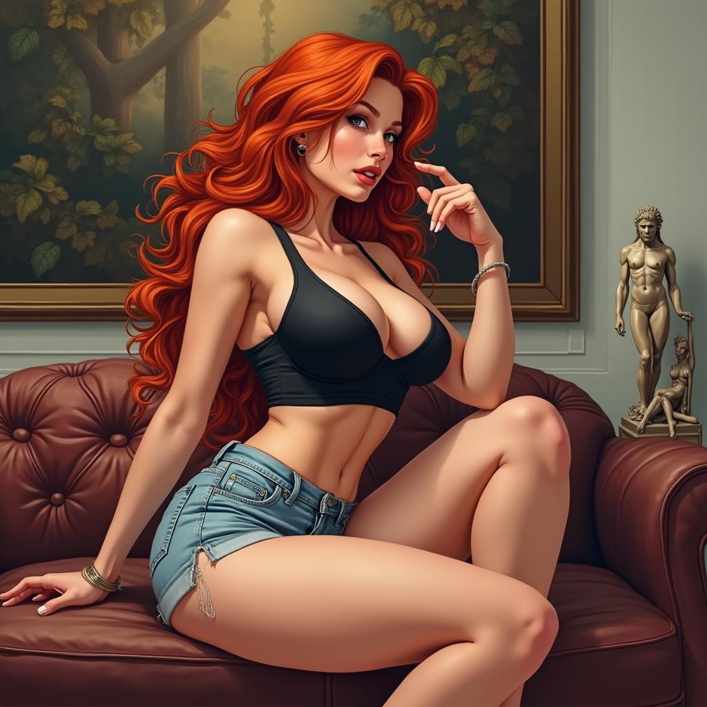 A realistic comic book style illustration of a beautiful woman with long flame red hair, featuring exaggerated curves and an hourglass figure