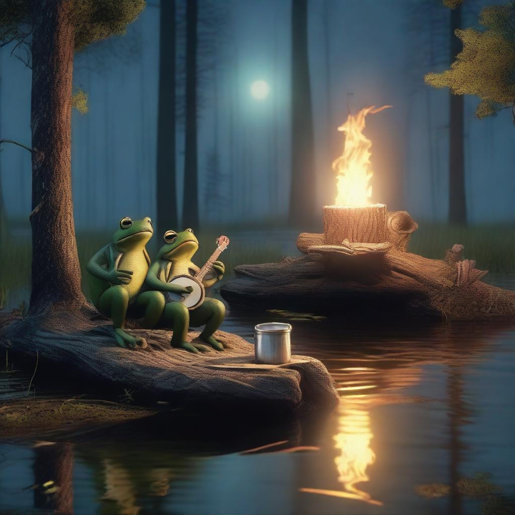 A digitally created image of a serene night scene in a swamp