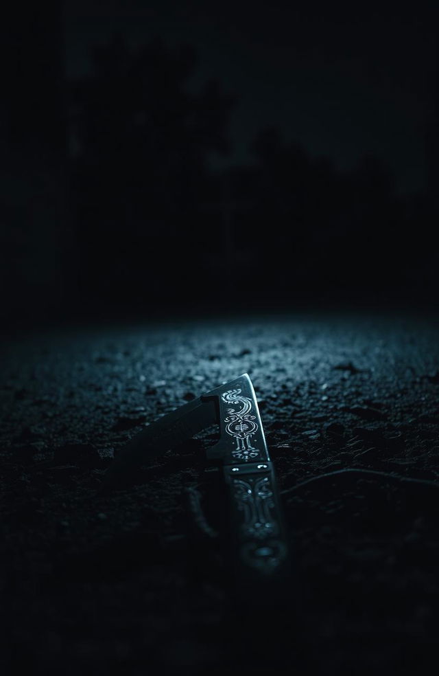 A dramatic scene showcasing a dark, weathered road illuminated by a soft, glowing light emanating from an ornate knife resting on the ground