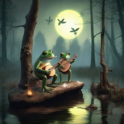 A digitally created image of a serene night scene in a swamp