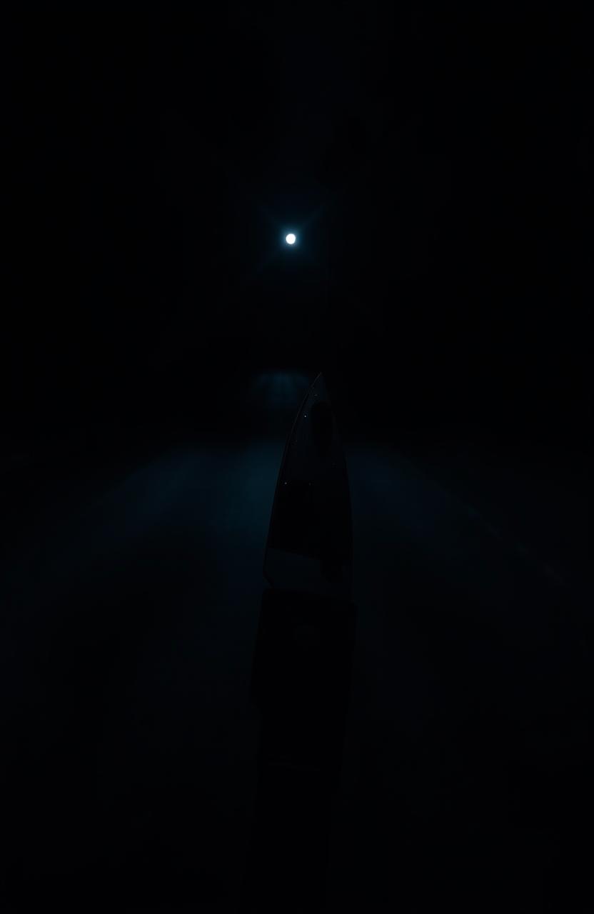 A close-up of a dark, ominous road at night, illuminated by a faint light reflecting off a sharp knife