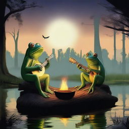 A digitally created image of a serene night scene in a swamp