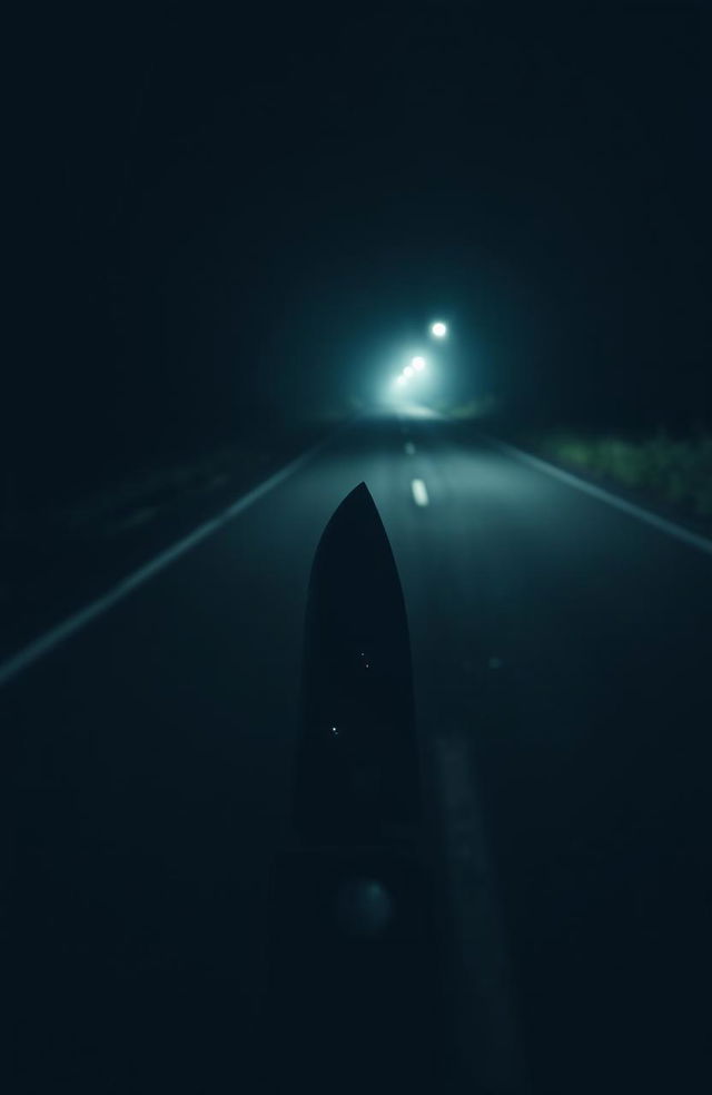 A close-up of a dark, ominous road at night, illuminated by a faint light reflecting off a sharp knife