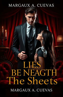 A captivating and intense cover design for a dark romance novel titled 'LIES BENEATH THE SHEETS' by Margaux A