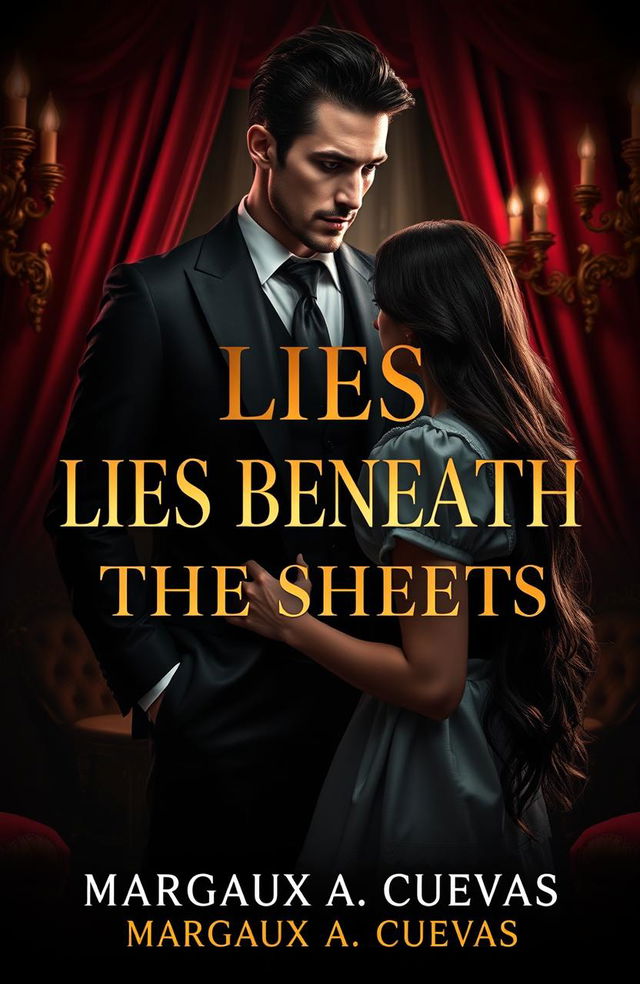 A captivating and intense cover design for a dark romance novel titled 'LIES BENEATH THE SHEETS' by Margaux A