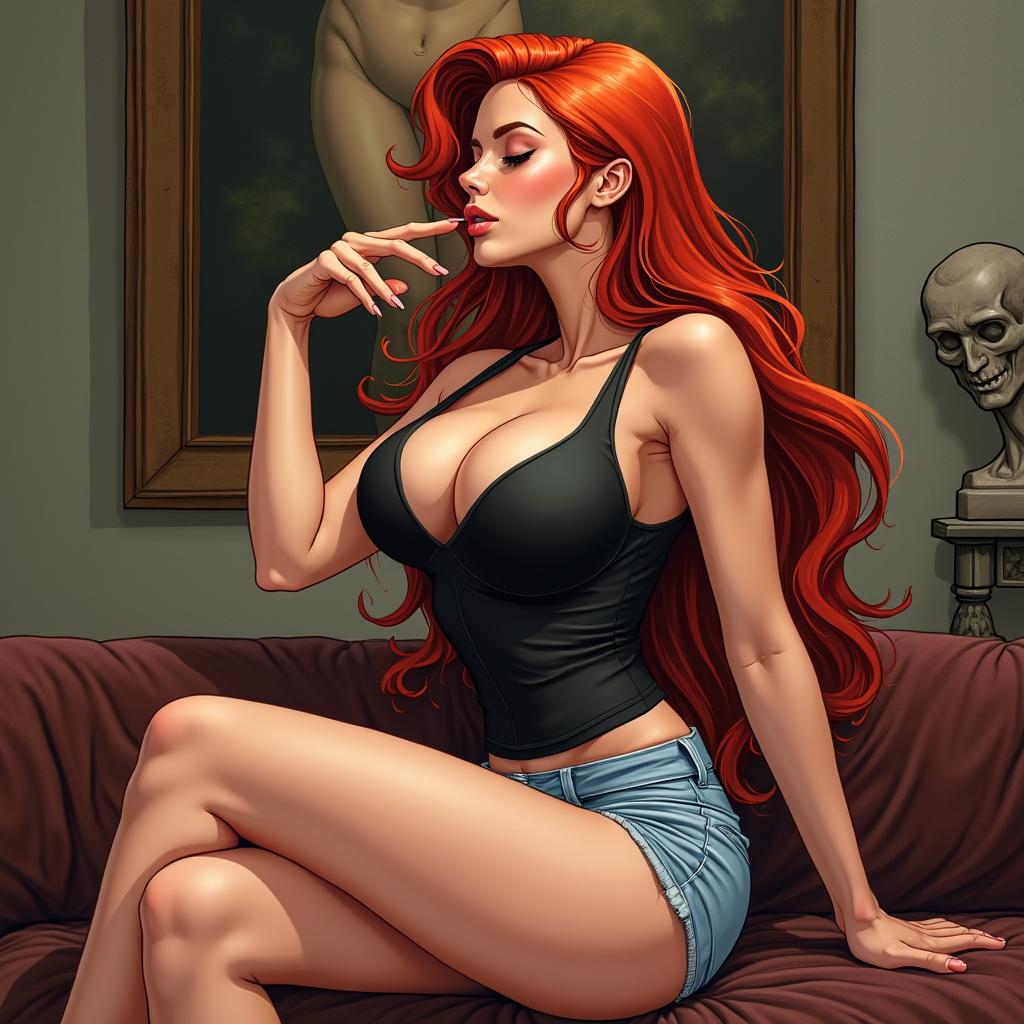 A realistic comic book style illustration of a beautiful woman with long flame red hair, featuring exaggerated curves and an hourglass figure