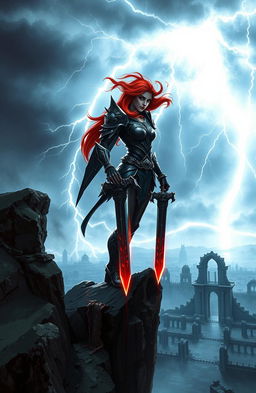 A striking depiction of Marsaduccere standing atop a jagged cliff, her blazing red hair whipping in a storm