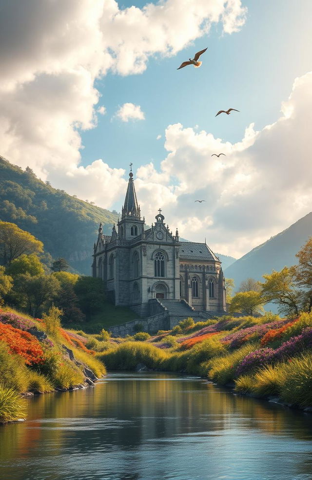 A serene and majestic landscape showcasing a beautiful cathedral surrounded by lush green hills and vibrant flowers