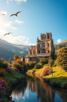 A serene and majestic landscape showcasing a beautiful cathedral surrounded by lush green hills and vibrant flowers