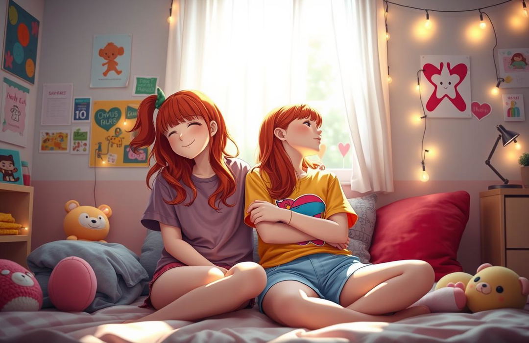 A realistic scene depicting two redhead tween girls sitting together in a cozy dorm room, sharing a warm hug and a gentle kiss