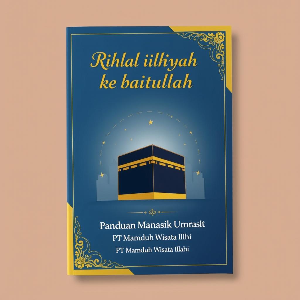 An A5 size book cover design featuring the title 'Rihlah ilahiyah ke baitullah' at the top in elegant, gold Arabic calligraphy style