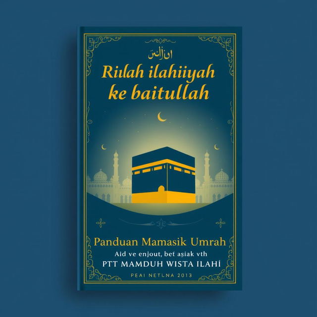 An A5 size book cover design featuring the title 'Rihlah ilahiyah ke baitullah' at the top in elegant, gold Arabic calligraphy style