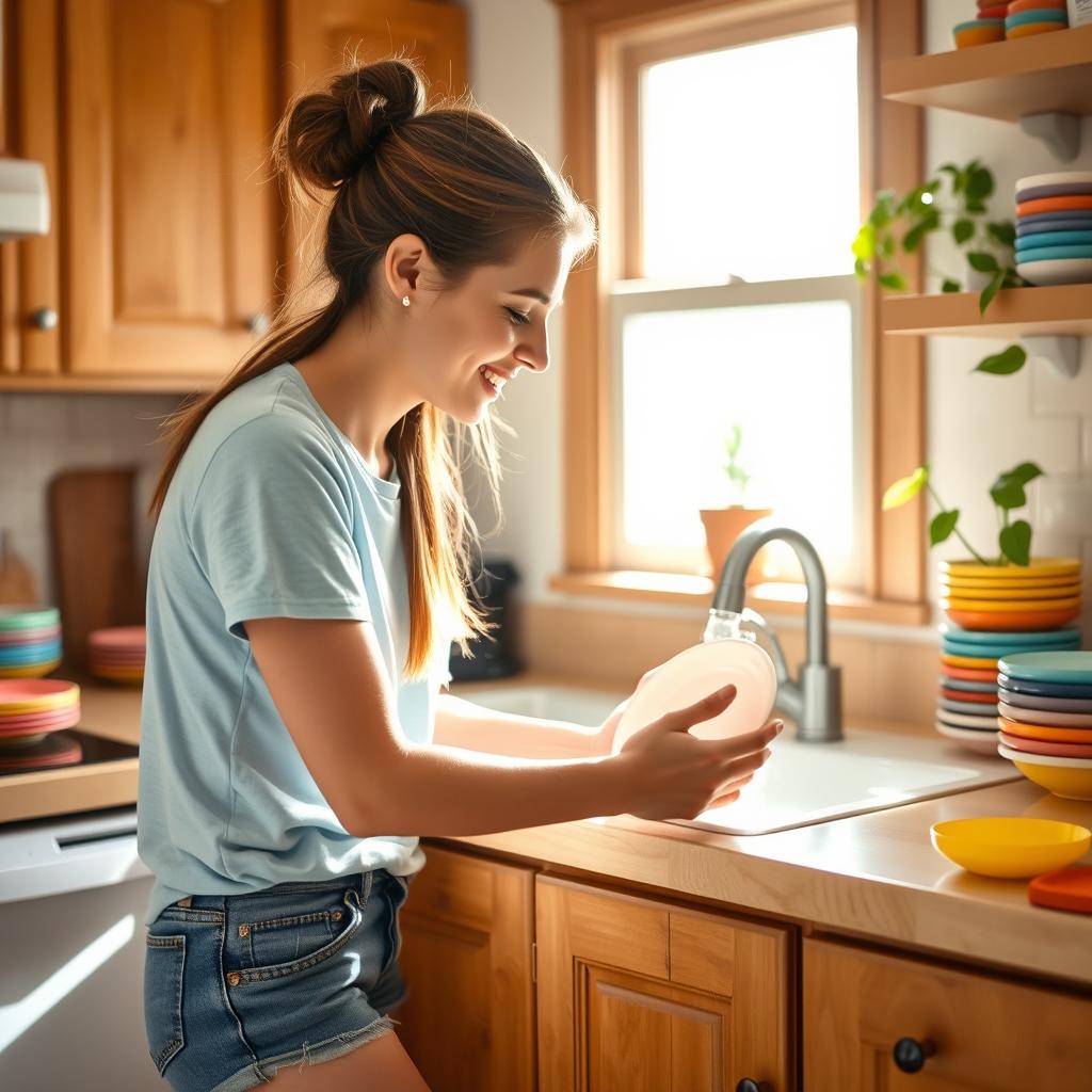 A young woman washing dishes in a bright and cozy kitchen