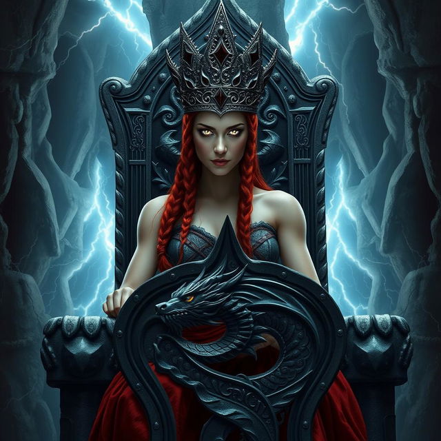 A powerful depiction of Marsa seated on a storm-carved throne, her piercing white eyes glowing with intensity