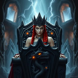 A powerful depiction of Marsa seated on a storm-carved throne, her piercing white eyes glowing with intensity