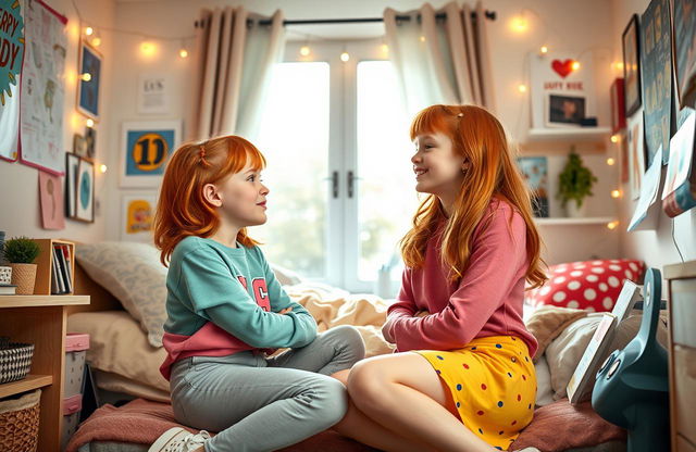 A heartwarming scene in a cozy dorm room, featuring two redhead tween girls sitting face to face, sharing a warm hug and a sweet kiss