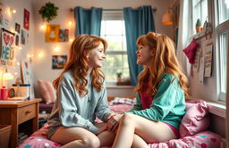 A heartwarming scene in a cozy dorm room, featuring two redhead tween girls sitting face to face, sharing a warm hug and a sweet kiss