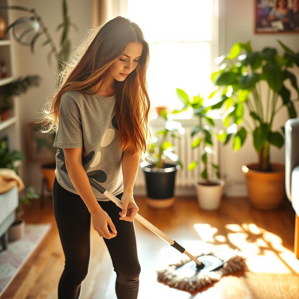 A young woman cleaning the floor in a cozy home setting