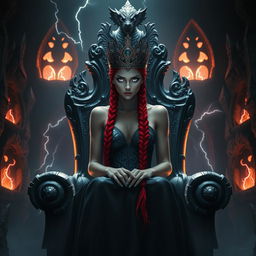 Marsa seated on a majestic storm-carved throne, her piercing white eyes glowing with an ethereal light